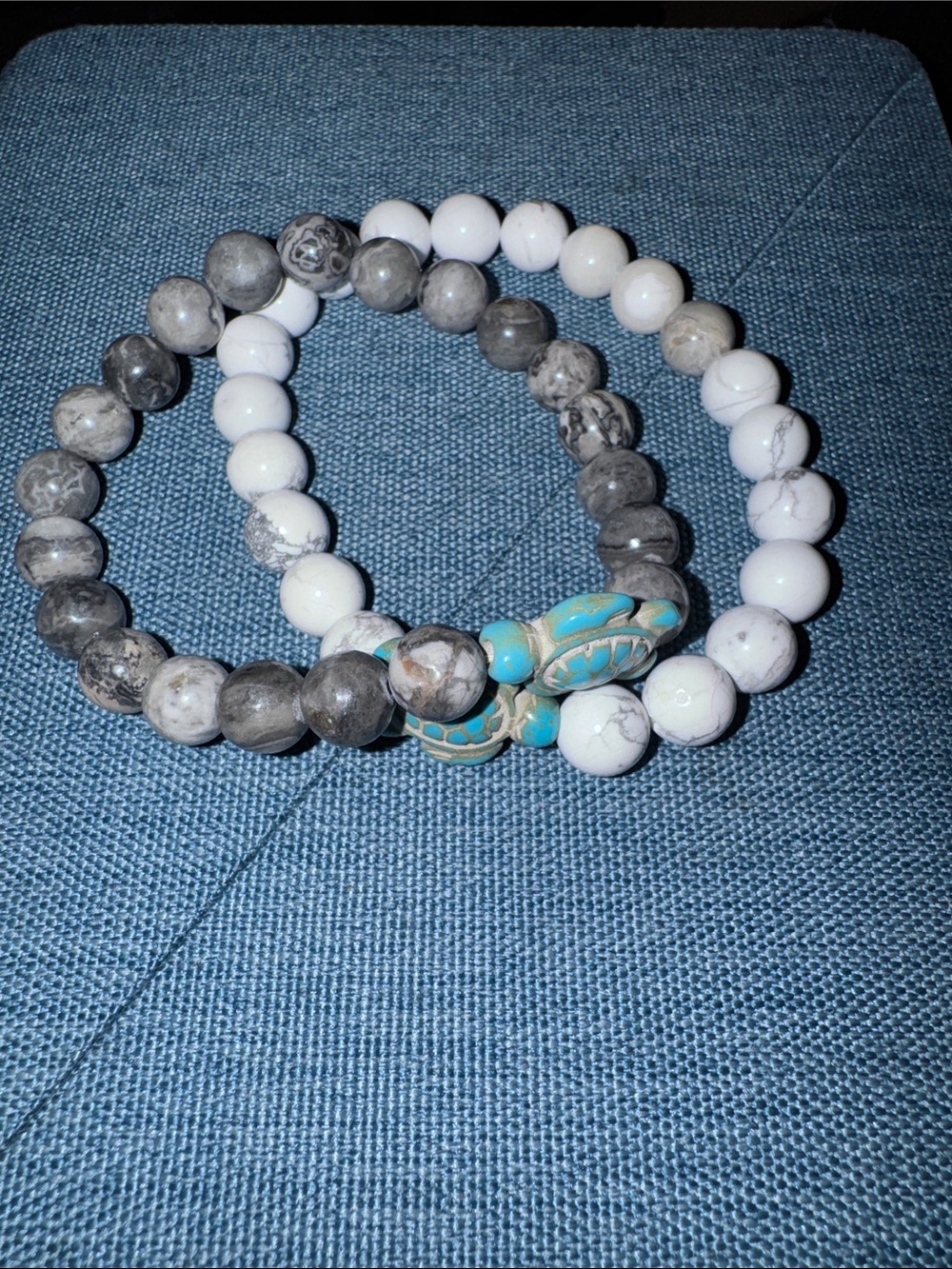 Turquoise Turtle White and Gray Beaded Stretch Bracelet Set